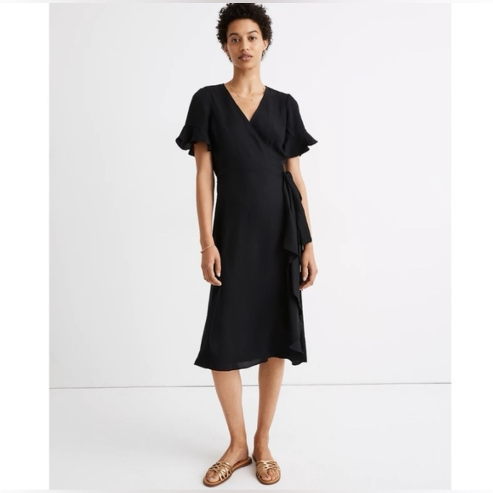 NWOT $158 Madewell Black Ruffle-Sleeve Wrap Dress